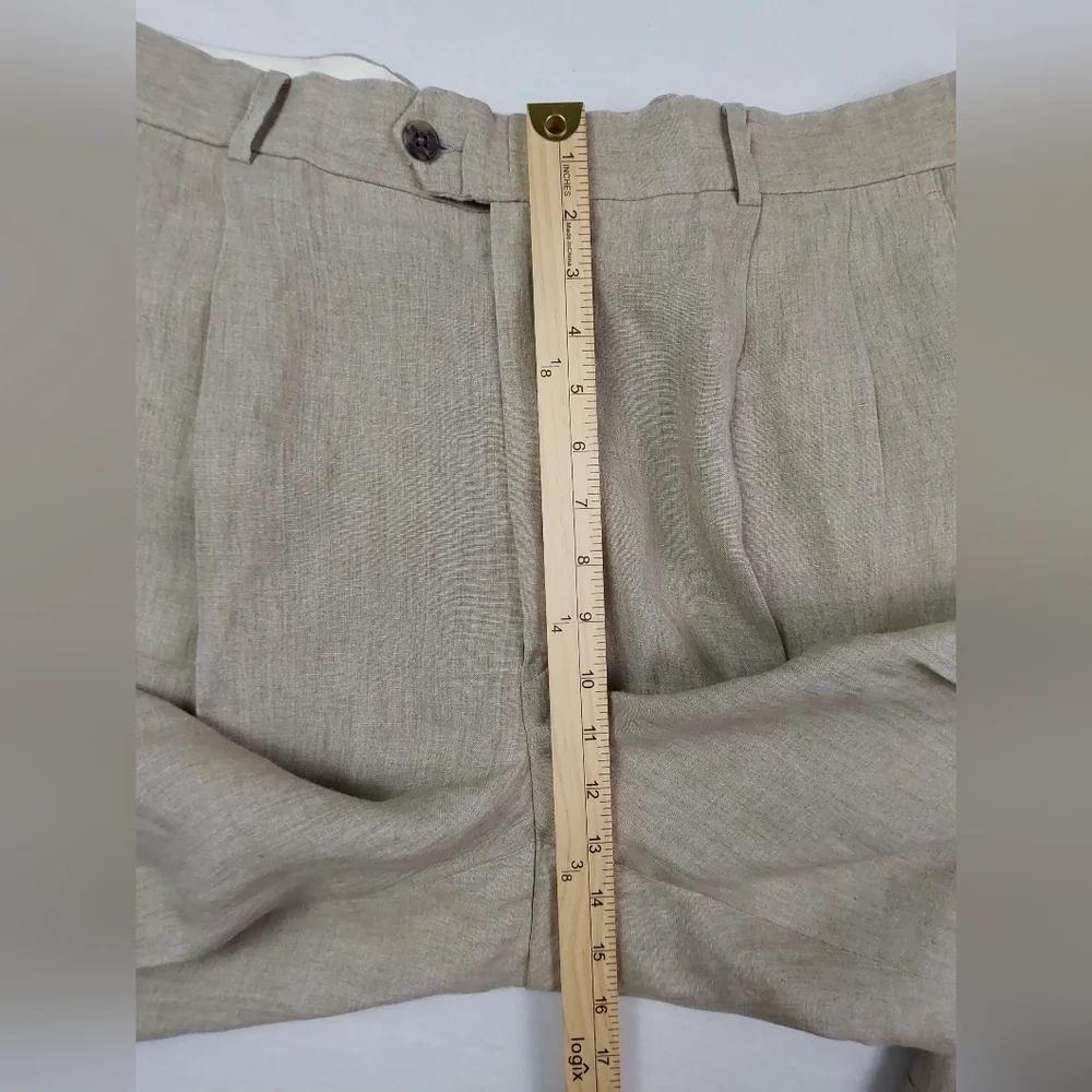 Paul Fredrick Dress Pants Mens Size 38x29 Beige Tan 100% Linen Pleated Cuffed